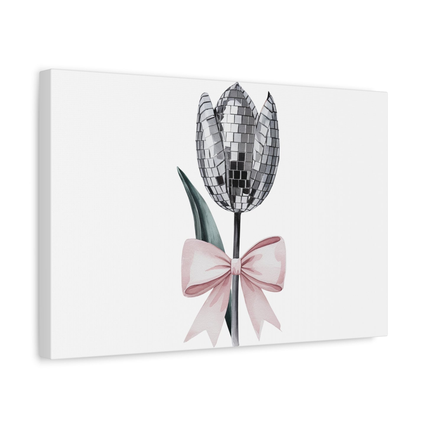 Silver Disco Tulip Wall Art Print with Pink Bow | Glam Floral Decor | Matte Canvas | Stretched |