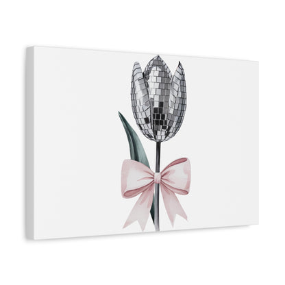 Silver Disco Tulip Wall Art Print with Pink Bow | Glam Floral Decor | Matte Canvas | Stretched |