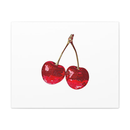 Red Glitter Disco Cherry Wall Art Print | Sparkly Pop Art Fruit Decor | Cherry Duo Matte Canvas Print | Minimal Fruit Wall Art
