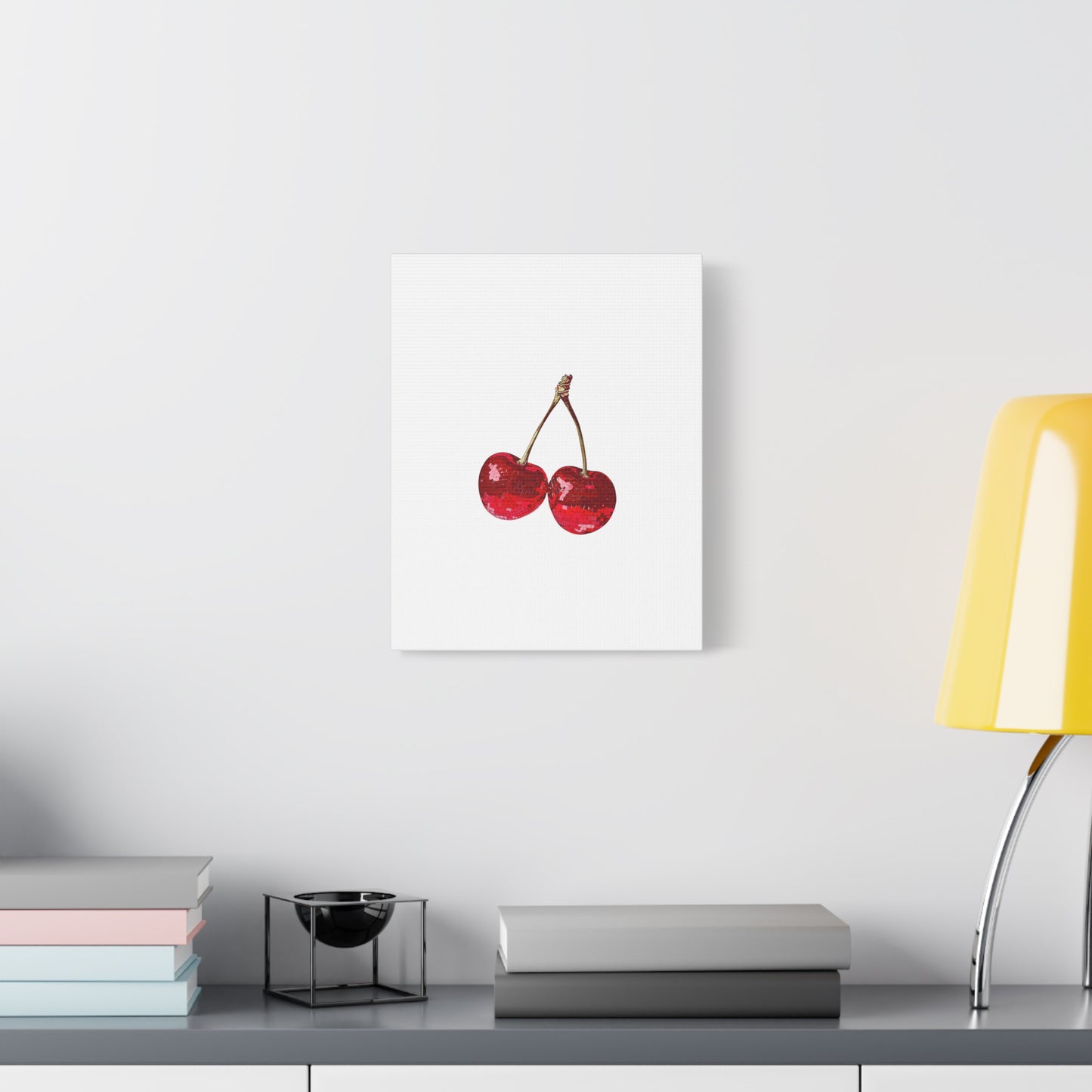 Red Glitter Disco Cherry Wall Art Print | Sparkly Pop Art Fruit Decor | Cherry Duo Matte Canvas Print | Minimal Fruit Wall Art