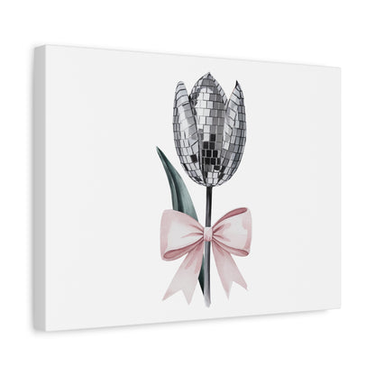 Silver Disco Tulip Wall Art Print with Pink Bow | Glam Floral Decor | Matte Canvas | Stretched |