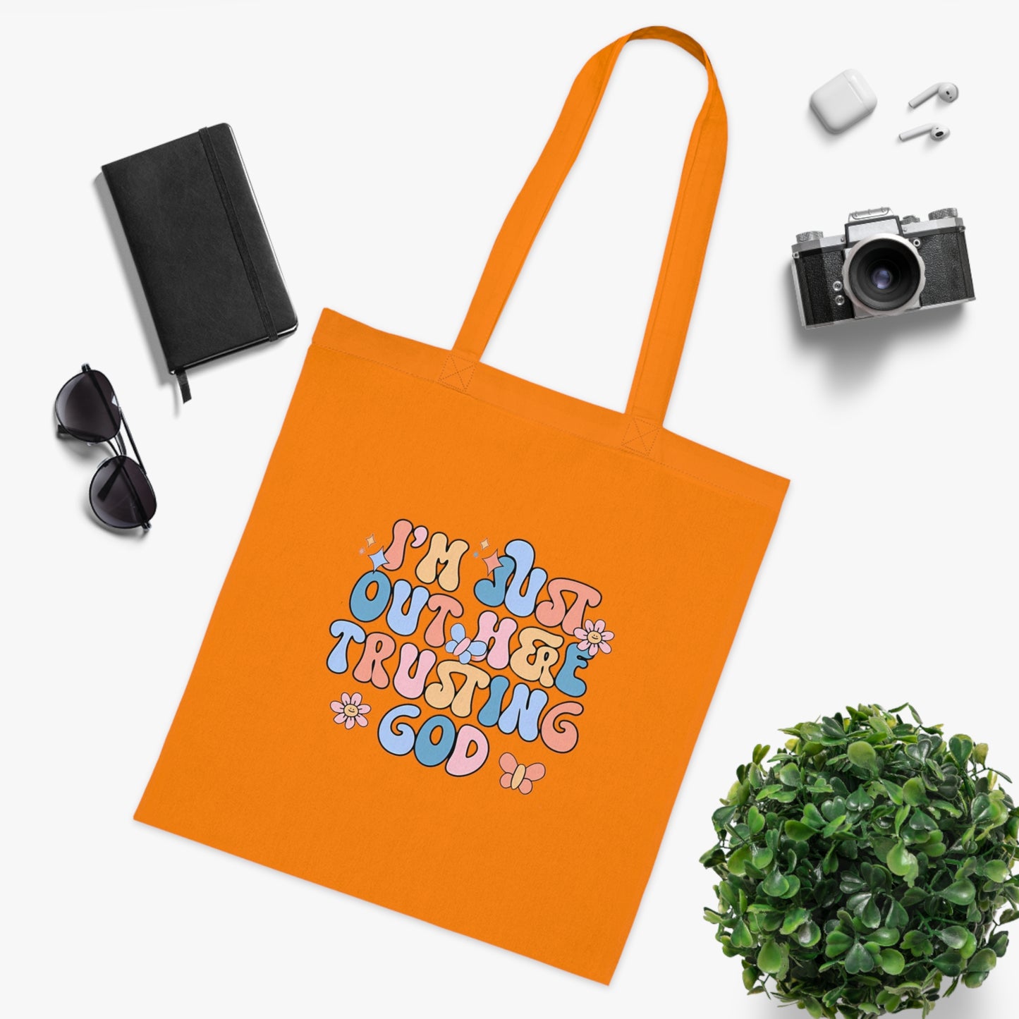 Trusting God Floral Tote | Retro Faith Cotton Tote Bag | Christian Faith Canvas Tote Bag for Men | Church & Everyday Use | I’m Just Out Here Trusting God Tote Bag