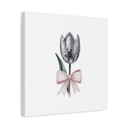 Silver Disco Tulip Wall Art Print with Pink Bow | Glam Floral Decor | Matte Canvas | Stretched |
