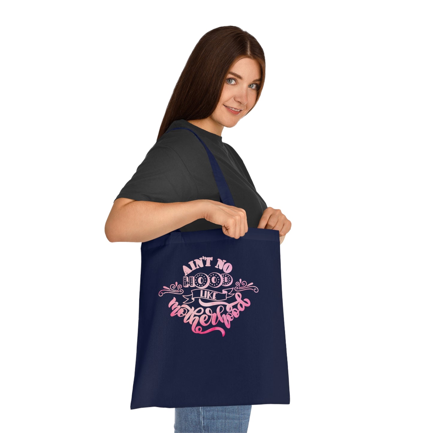 Stylish Canvas Tote for Moms | Everyday Carry & Gift Idea | Ain't No Hood Like Motherhood Cotton Tote | Pink Mom Tote Bag