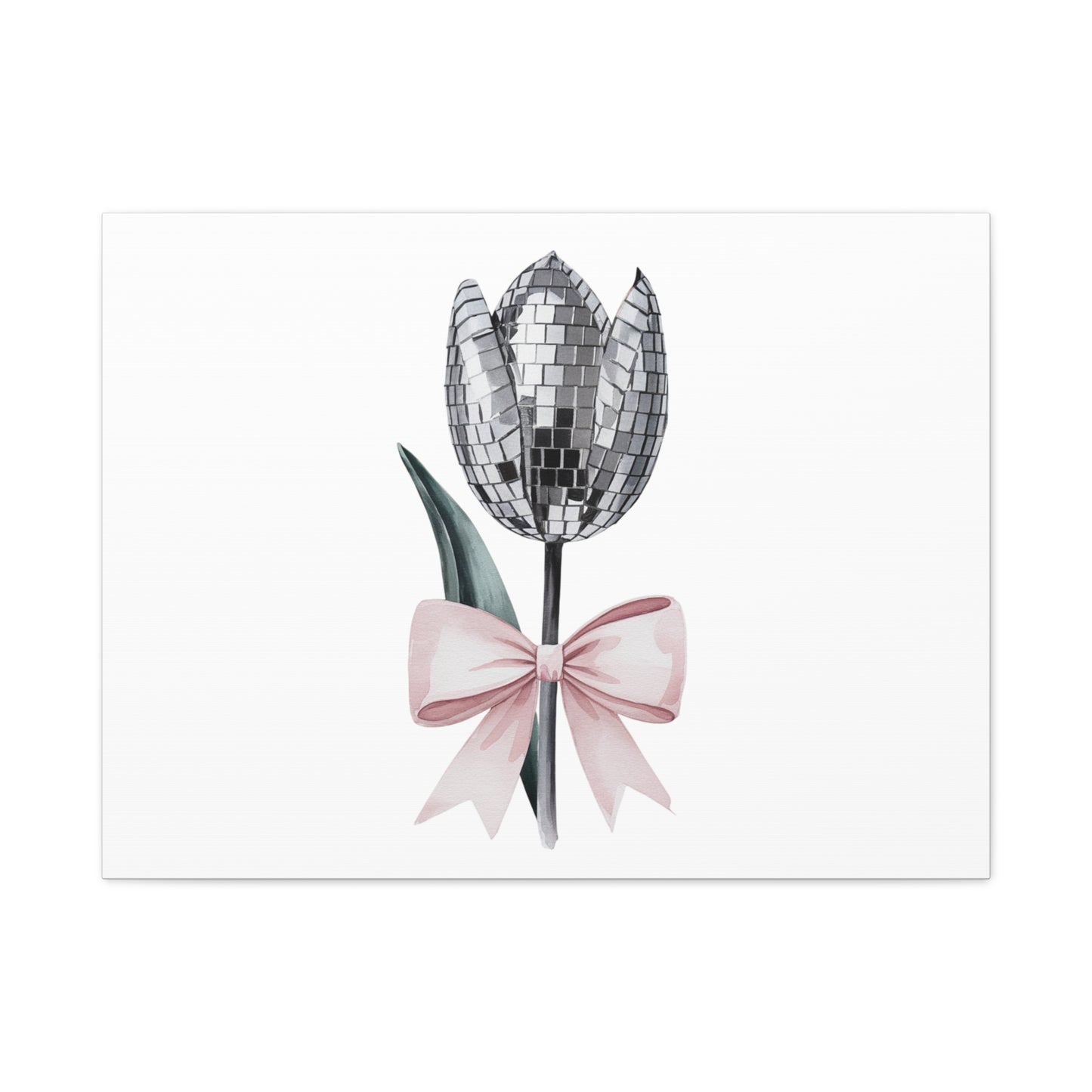 Silver Disco Tulip Wall Art Print with Pink Bow | Glam Floral Decor | Matte Canvas | Stretched |
