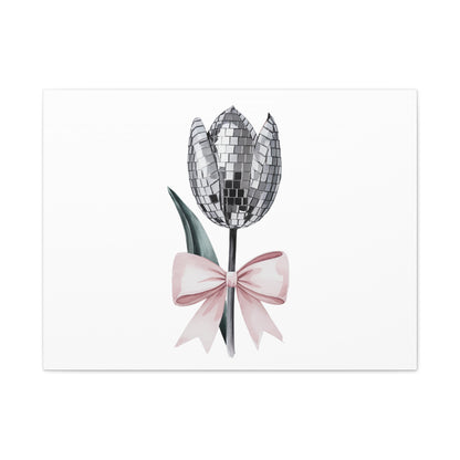 Silver Disco Tulip Wall Art Print with Pink Bow | Glam Floral Decor | Matte Canvas | Stretched |