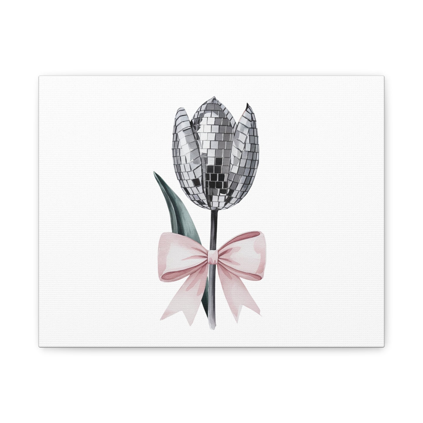 Silver Disco Tulip Wall Art Print with Pink Bow | Glam Floral Decor | Matte Canvas | Stretched |