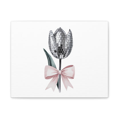 Silver Disco Tulip Wall Art Print with Pink Bow | Glam Floral Decor | Matte Canvas | Stretched |