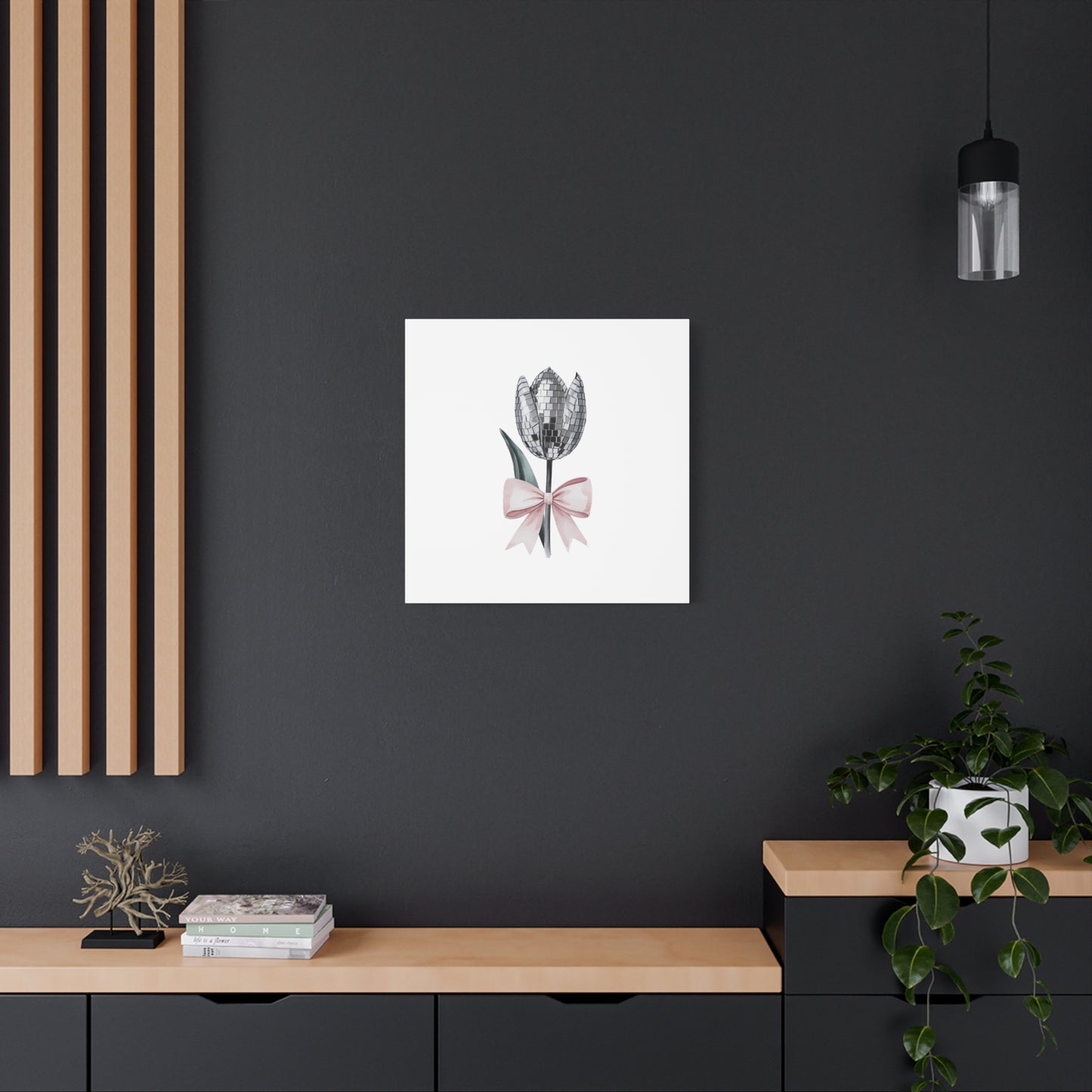 Silver Disco Tulip Wall Art Print with Pink Bow | Glam Floral Decor | Matte Canvas | Stretched |