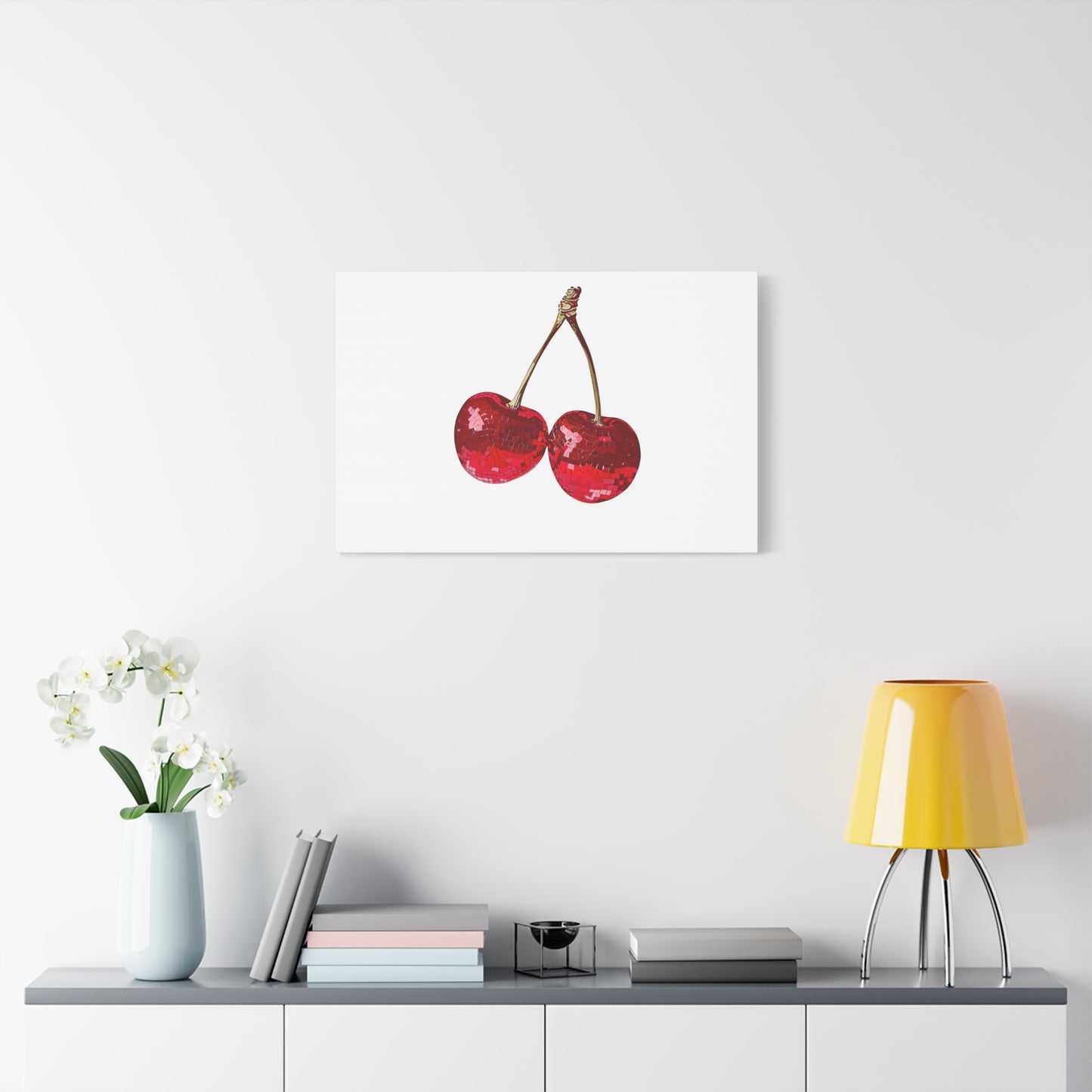 Red Glitter Disco Cherry Wall Art Print | Sparkly Pop Art Fruit Decor | Cherry Duo Matte Canvas Print | Minimal Fruit Wall Art