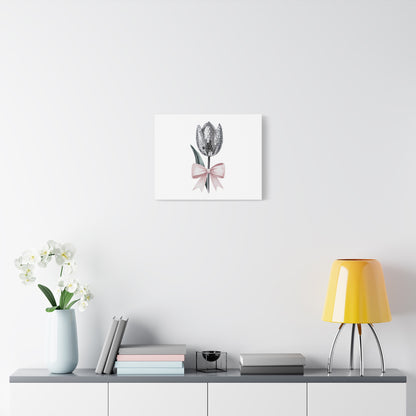 Silver Disco Tulip Wall Art Print with Pink Bow | Glam Floral Decor | Matte Canvas | Stretched |