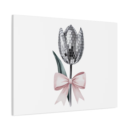 Silver Disco Tulip Wall Art Print with Pink Bow | Glam Floral Decor | Matte Canvas | Stretched |