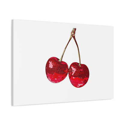 Red Glitter Disco Cherry Wall Art Print | Sparkly Pop Art Fruit Decor | Cherry Duo Matte Canvas Print | Minimal Fruit Wall Art