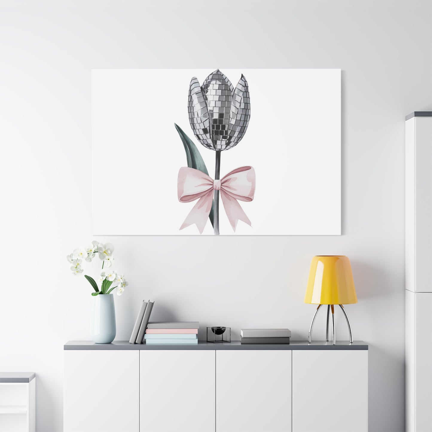 Silver Disco Tulip Wall Art Print with Pink Bow | Glam Floral Decor | Matte Canvas | Stretched |