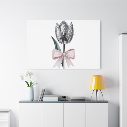 Silver Disco Tulip Wall Art Print with Pink Bow | Glam Floral Decor | Matte Canvas | Stretched |