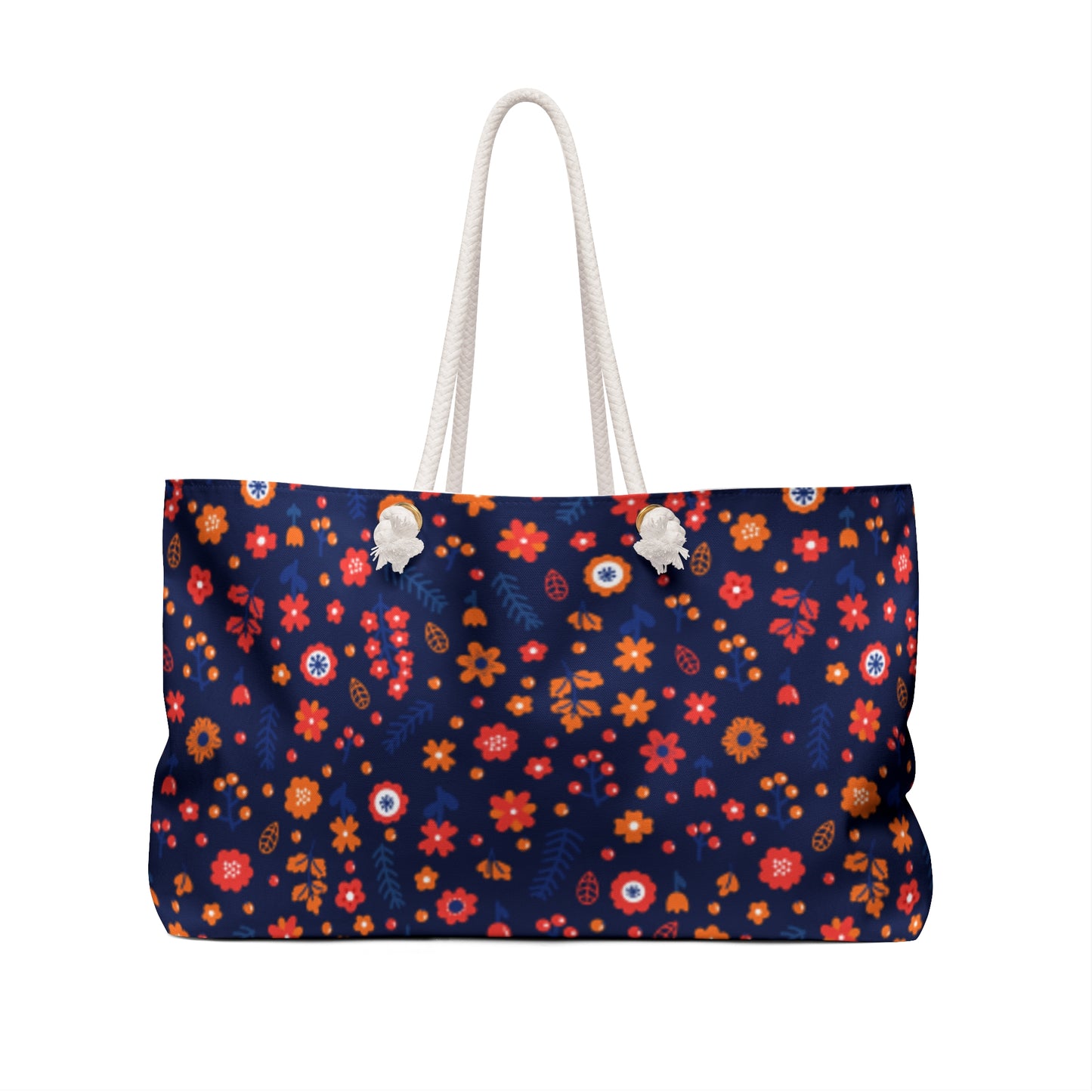 Navy Floral Weekender Bag | Retro Orange & Red Flower Travel Tote | Colorful Boho Carry-On Tote for Stylish Getaways
