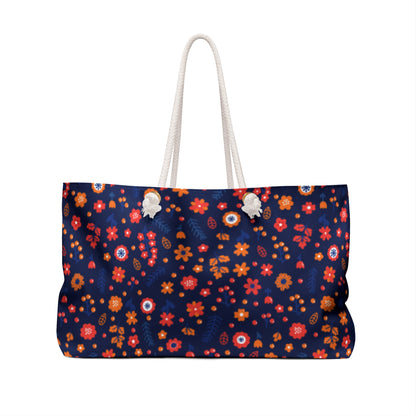 Navy Floral Weekender Bag | Retro Orange & Red Flower Travel Tote | Colorful Boho Carry-On Tote for Stylish Getaways