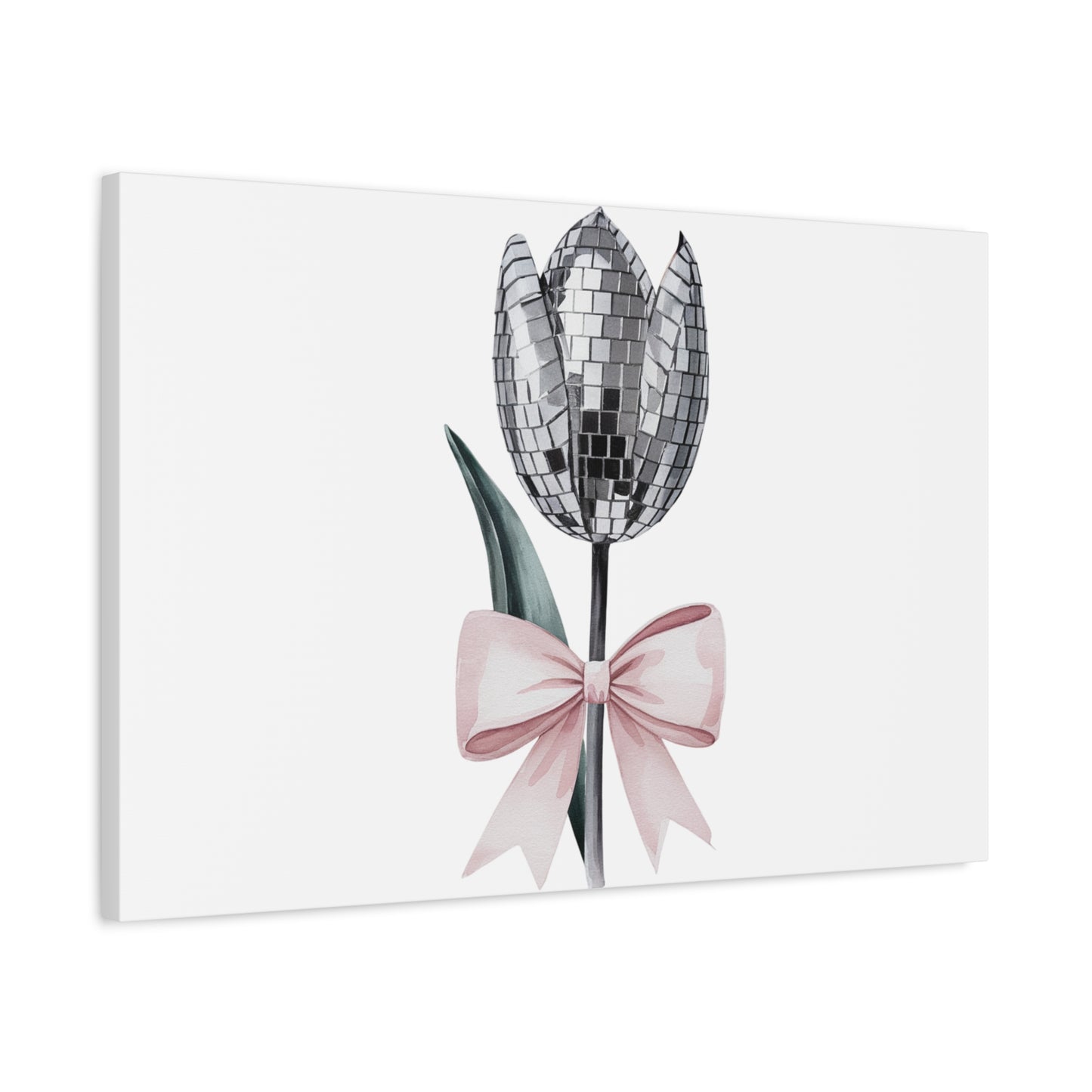 Silver Disco Tulip Wall Art Print with Pink Bow | Glam Floral Decor | Matte Canvas | Stretched |